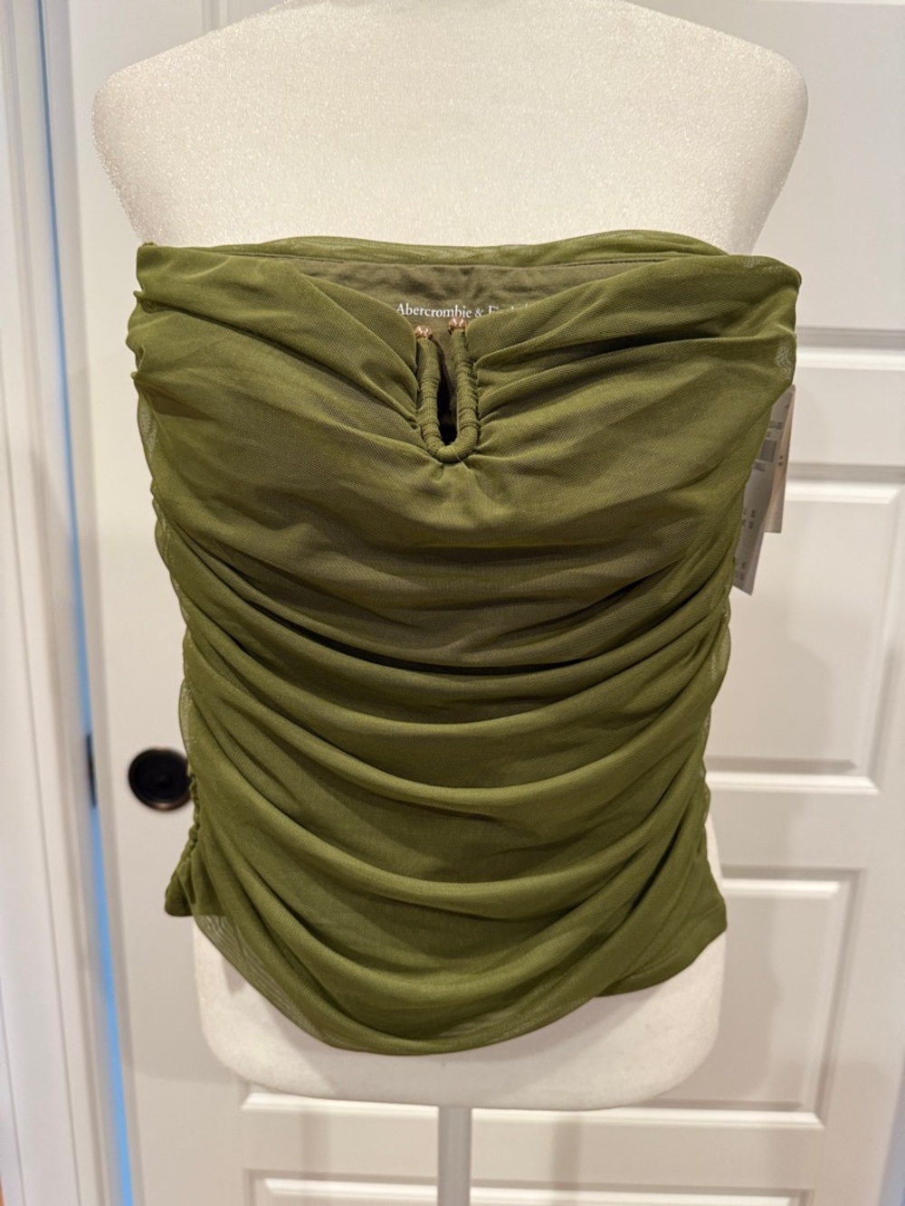 Abercrombie NWT Olive Green Strapless Ruched Mesh Top